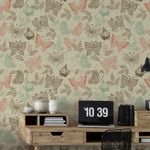Papel de Parede Folhas Borboletas Vintage