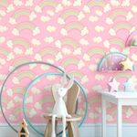 Papel de Parede Infantil Nuvens e Arco-íris (Rosa)