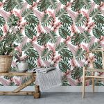 Papel de Parede Tropical com Folhas Verdes e Rosas