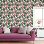 Papel de Parede Tropical com Folhas Verdes e Rosas