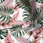 Papel de Parede Tropical com Folhas Verdes e Rosas