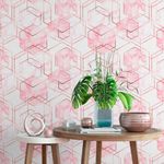 Papel de Parede Hexágonos Rosa Metálico e Mármore