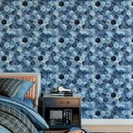 Papel de Parede Cubos em Tons de Azul com Linhas Douradas