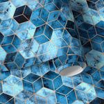 Papel de Parede Cubos em Tons de Azul com Linhas Douradas