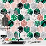 Papel de Parede Hexágono com Plantas e Mármore