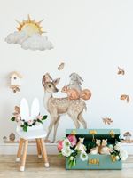 Adesivo de Parede Infantil Aquarela: Cervo, Coelho, Pássaro, Borboleta, Sol, Nuvem e Folhas