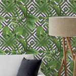 Papel de Parede Folhagem Tropical Fundo Geométrico