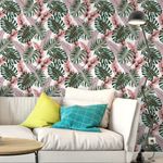 Papel de Parede Tropical com Folhas Verdes e Rosas