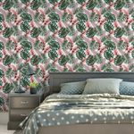 Papel de Parede Tropical com Folhas Verdes e Rosas