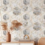 Papel de Parede Hexágonos de Mamoré Branco com Dourado
