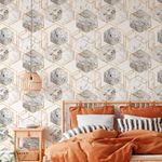 Papel de Parede Hexágonos de Mamoré Branco com Dourado