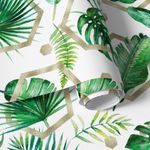 Papel de Parede Folhas com Hexágonos Dourados