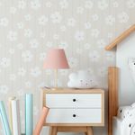Papel de Parede Infantil Listras Floral Fundo Bege