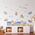 Kit Adesivos de Parede Infantil Aquarela: Casas, Aviões, Nuvens e Animais