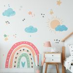 Adesivo de Parede Infantil Arco-Íris Boho com Sol e Nuvens