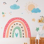 Adesivo de Parede Infantil Arco-Íris Boho com Sol e Nuvens