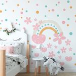 Adesivo de Parede Infantil Arco-Íris com Corações e Flores Coloridas