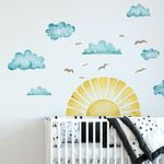Adesivo de Parede Infantil Céu Aquarela: Sol, Nuvens e Pássaros