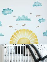 Adesivo de Parede Infantil Céu Aquarela: Sol, Nuvens e Pássaros