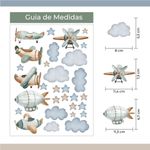 Kit Adesivos de Parede Aquarela Pequeno Piloto Aviões e Nuvens
