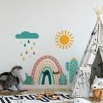 Adesivo de Parede Infantil Arco-Íris Boho com Sol e Cactos