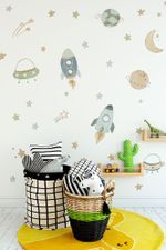 Adesivo de Parede Infantil Galáxia Aquarela: Foguetes e Lua