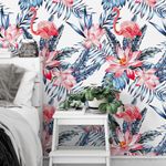 Papel de Parede Tropical Folhas Flores Flamingo