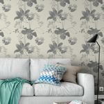 Papel de Parede Flores Cinzas com Fundo Bege