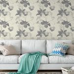 Papel de Parede Flores Cinzas com Fundo Bege