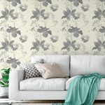 Papel de Parede Flores Cinzas com Fundo Bege