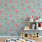 Papel de Parede Fundo Azul com Flores Rosas 