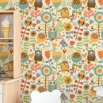 Papel de Parede Corujas e Flores Coloridas 