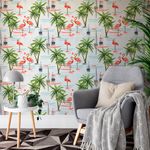 Papel de Parede Tropical Coqueiro e Flamingos