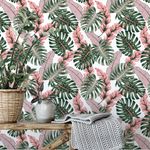 Papel de Parede Tropical com Folhas Verdes e Rosas