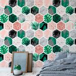 Papel de Parede Hexágono com Plantas e Mármore