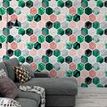 Papel de Parede Hexágono com Plantas e Mármore