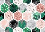 Papel de Parede Hexágono com Plantas e Mármore