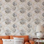 Papel de Parede Hexágonos de Mamoré Branco com Dourado