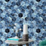 Papel de Parede Cubos em Tons de Azul com Linhas Douradas