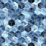 Papel de Parede Cubos em Tons de Azul com Linhas Douradas
