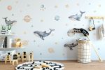 Adesivo de Parede Infantil Aquarela: Baleias, Estrelas e Planetas