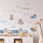 Kit Adesivos de Parede Infantil Aquarela: Casas, Aviões, Nuvens e Animais