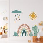 Adesivo de Parede Infantil Arco-Íris Boho com Sol e Cactos