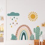 Adesivo de Parede Infantil Arco-Íris Boho com Sol e Cactos