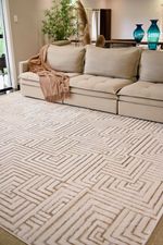 Tapete Sala Perfil Leve Caspian Quadros Off White e Bege 140x200