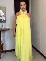 Vestido Frente Única Solto com Borda de Flores Amarelo