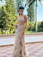 Vestido Longo Com Brilho Tipo Corset Bege