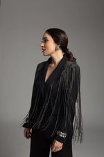Blazer Luxo Todo Bordado Com Franja De Strass Preto