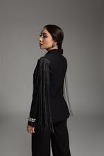 Blazer Luxo Todo Bordado Com Franja De Strass Preto