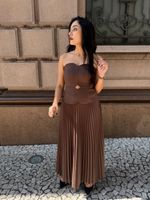 Vestido Midi Alfaiataria Tomara que Caia com Saia Plissada